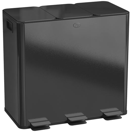 Photo of HOMCOM 3 x 20L Pedal Bin, Steel Triple Kitchen Bin with Soft Close Lid, Removable Inner Buckets, Fingerprint-Proof, Black in Black colour on a white background