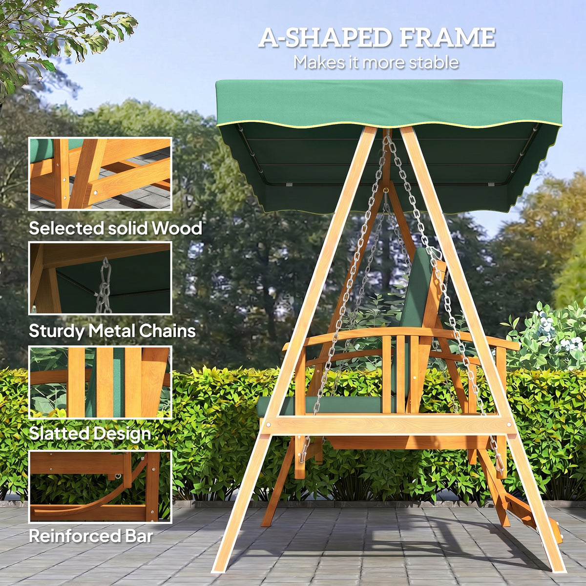 Wooden swing frame with A-shaped supports, metal chains and green canopy