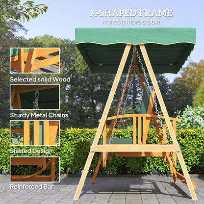Wooden swing frame with A-shaped supports, metal chains and green canopy