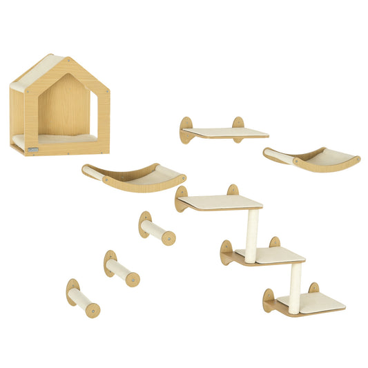 Photo of PawHut 8 Piece Cat Shelves Set, with Cat House, Three Perches, Three Scratching Posts in Posts colour on a white background