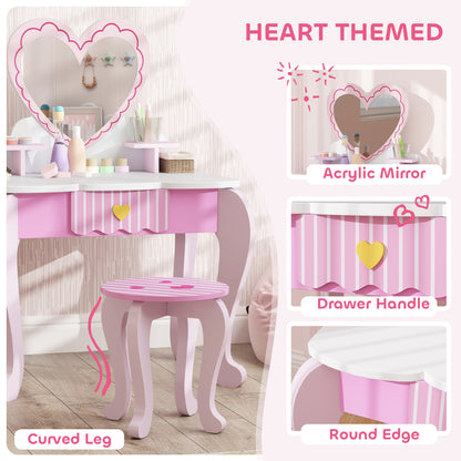 Pink children's vanity set highlighting its heart mirror, striped drawer, curved legs and rounded top