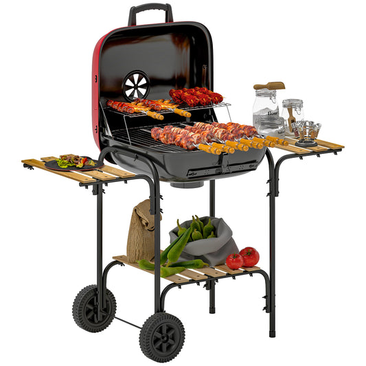 Photo of Outsunny Charcoal Barbecue Grill Portable BBQ Grill with 1840 cm² Cooking Area, 3 Shelves, Adjustable Vent, Lockable Lid, Wheels for Outdoor Cooking, Garden Party, Red in Red colour on a white background