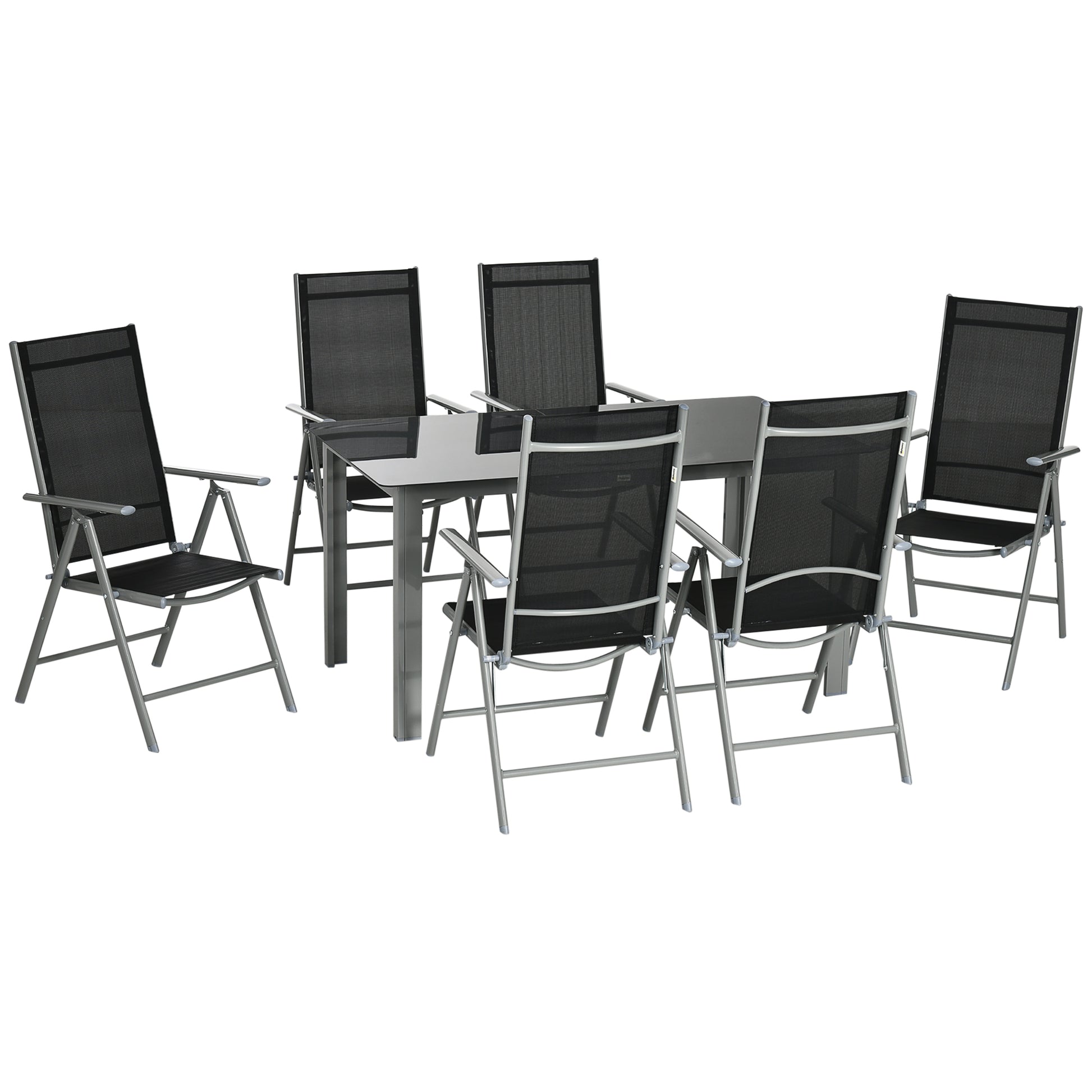 Photo of Outsunny 7 Piece Garden Dining Set, Outdoor Table and 6  Folding and Reclining Chairs, Aluminium Frame, Tempered Glass Top Table, Texteline Seats, Black in Black colour on a white background