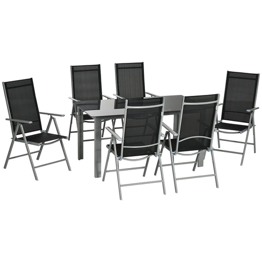 Photo of Outsunny 7 Piece Garden Dining Set, Outdoor Table and 6  Folding and Reclining Chairs, Aluminium Frame, Tempered Glass Top Table, Texteline Seats, Black in Black colour on a white background