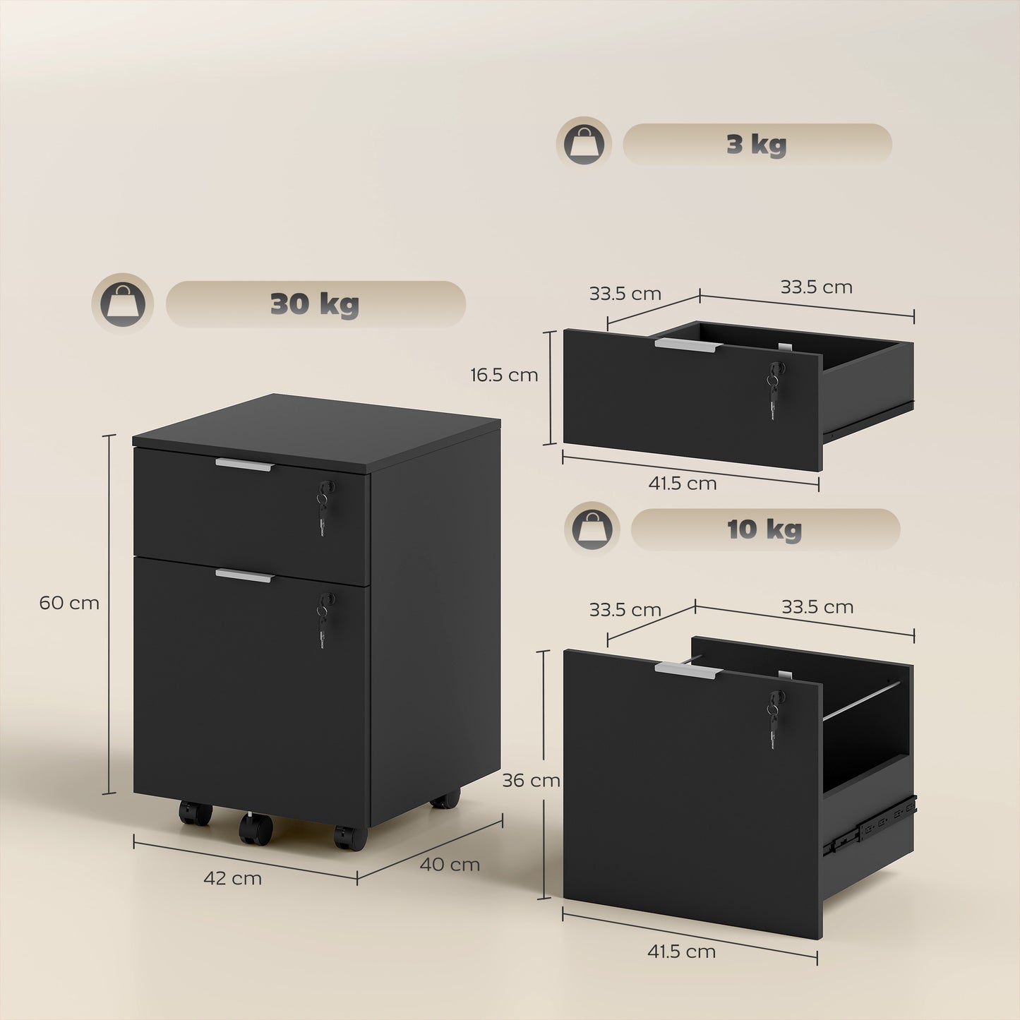 HOMCOM Two-Drawer Lockable Filing Cabinet - Black