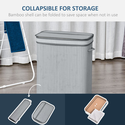 Collapsible grey bamboo hamper shown folded for compact storage