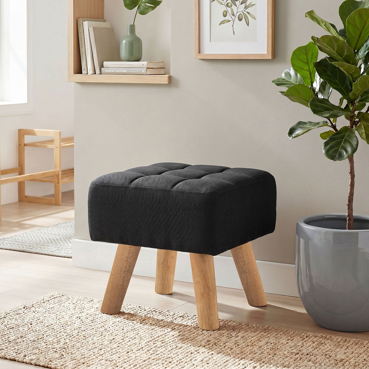 HOMCOM Linen-Look Square Padded Footstool - Black
