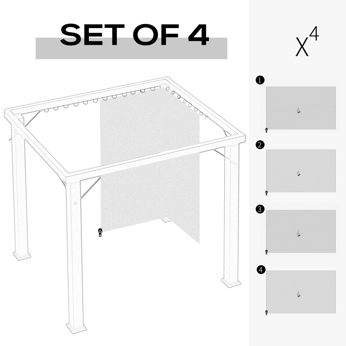 Outsunny 4 Pack Replacement Gazebo Curtains Privacy Panel for Most 3 x 4m Gazebo Canopy Pavillion Outdoor Shelter Sidewalls Accessories Light Grey
