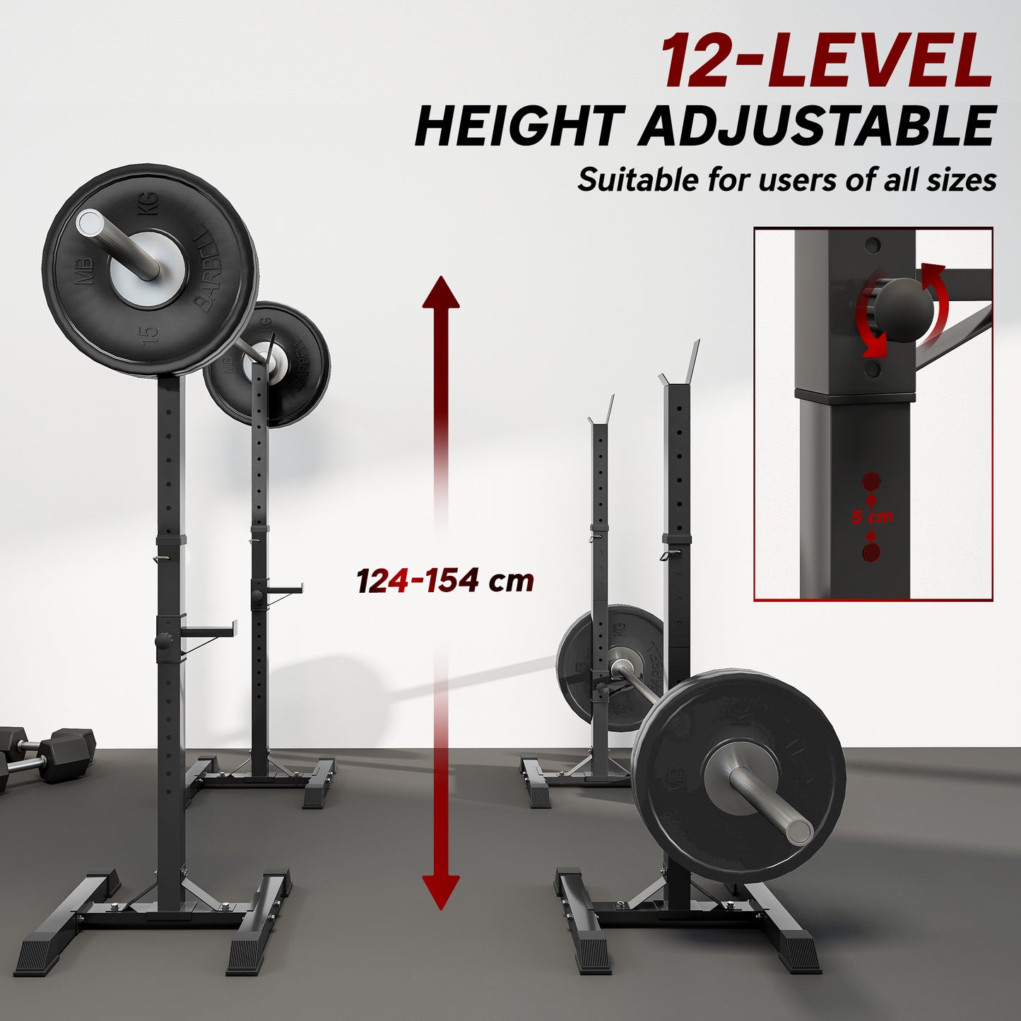 HOMCOM Adjustable Squat Rack, Weight Strength Training Bench Press Rack Weight Bench Supporter for Home Gym Exercise, Max Load 150kg, 124-154cm