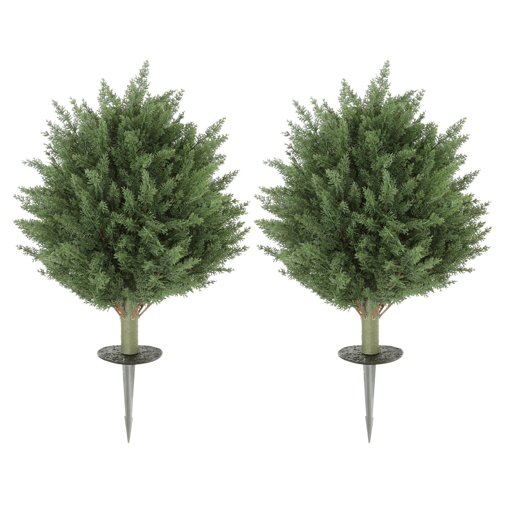 Photo of HOMCOM 60 cm Artificial Cypress Tree with Ground Stake, Set of 2 Artificial Plants for Indoor & Outdoor, UV Resistant, Green in Green colour on a white background