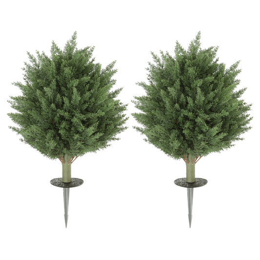 Photo of HOMCOM 60 cm Artificial Cypress Tree with Ground Stake, Set of 2 Artificial Plants for Indoor & Outdoor, UV Resistant, Green in Green colour on a white background