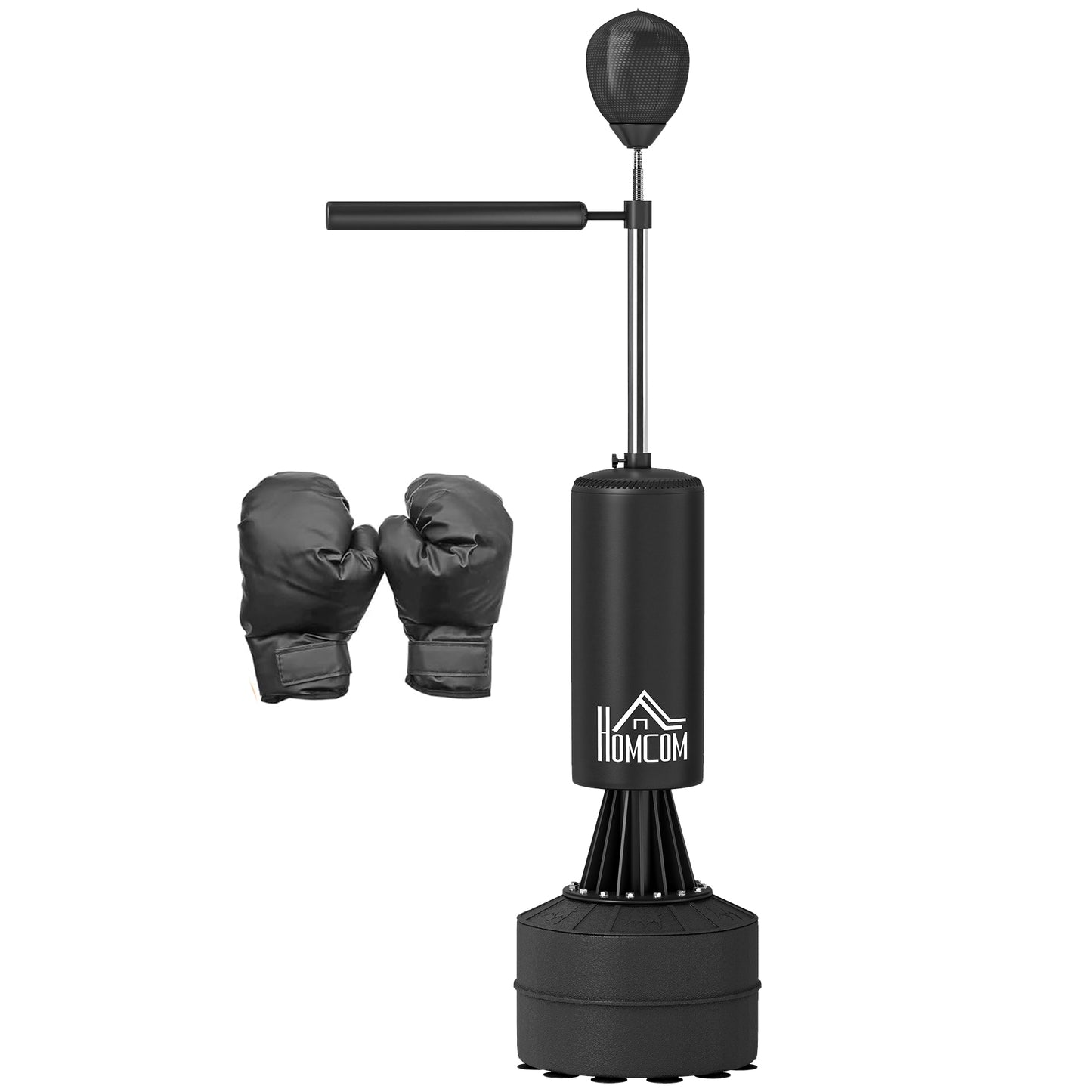 Photo of HOMCOM 155-205cm 3-IN-1 Freestanding Boxing Punching Bag Stand, Boxing Speed Trainer with Rotating Flexible Arm, Speed Ball, Fillable Base, Black in Black colour on a white background