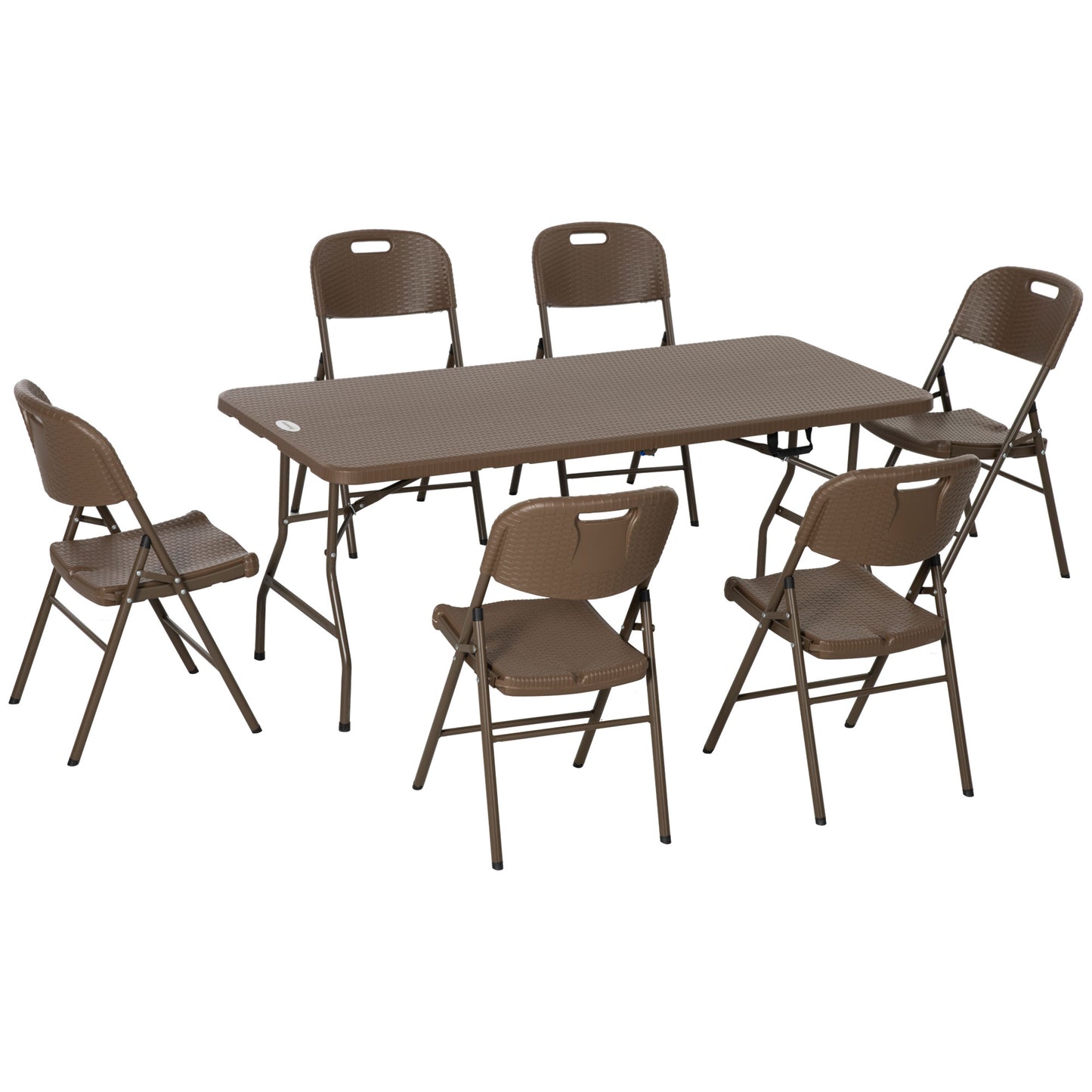 Photo of Outsunny 6 Seater Garden Dining Set, Rattan-Style HDPE Garden Furniture Set, Outdoor Dining Table and Chairs with 6 Armchairs and Rectangular Plastic Top Table for Patio, Balcony, Dark Brown in Brown colour on a white background