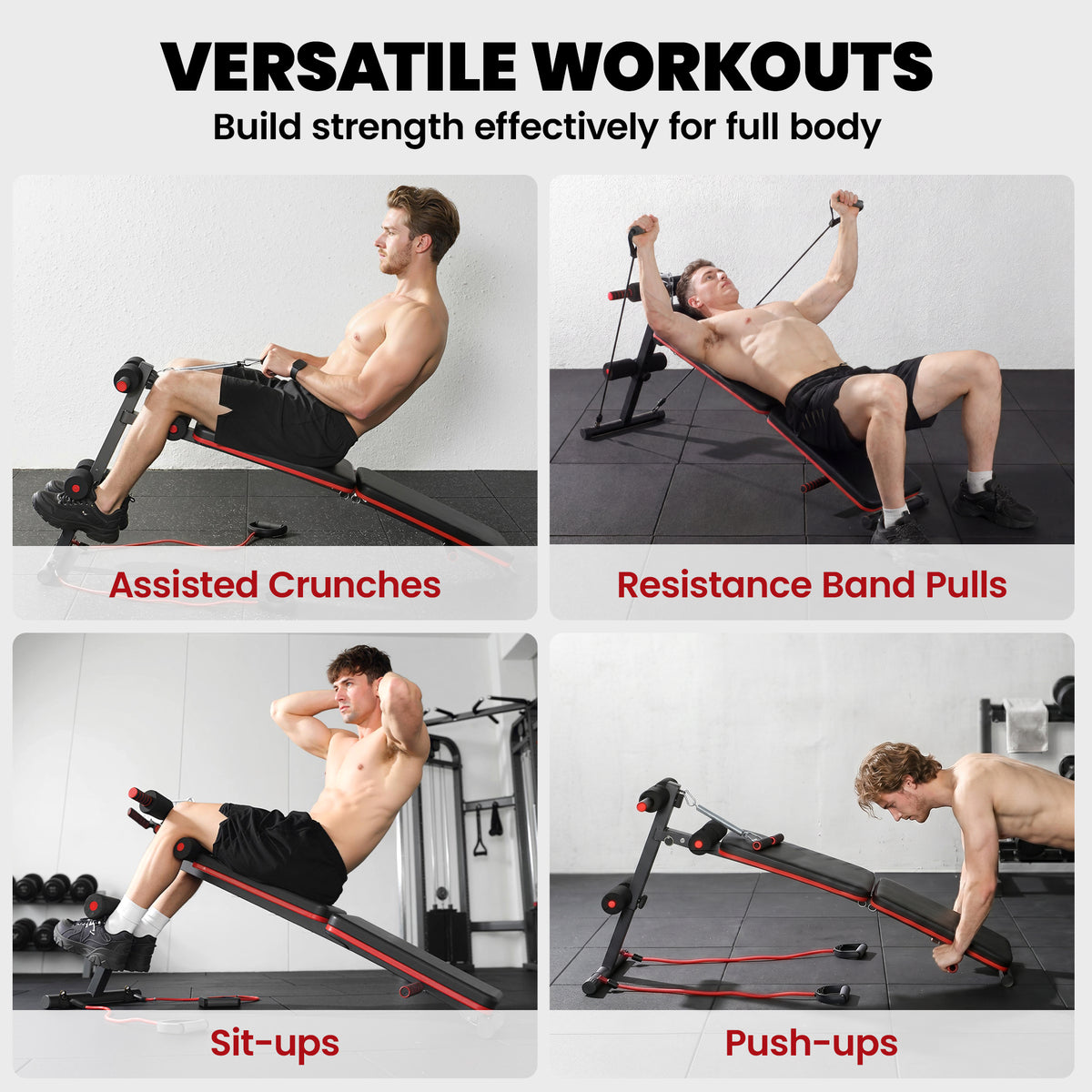 HOMCOM abdominal workout bench shown for crunches, band pulls, sit-ups and push-ups