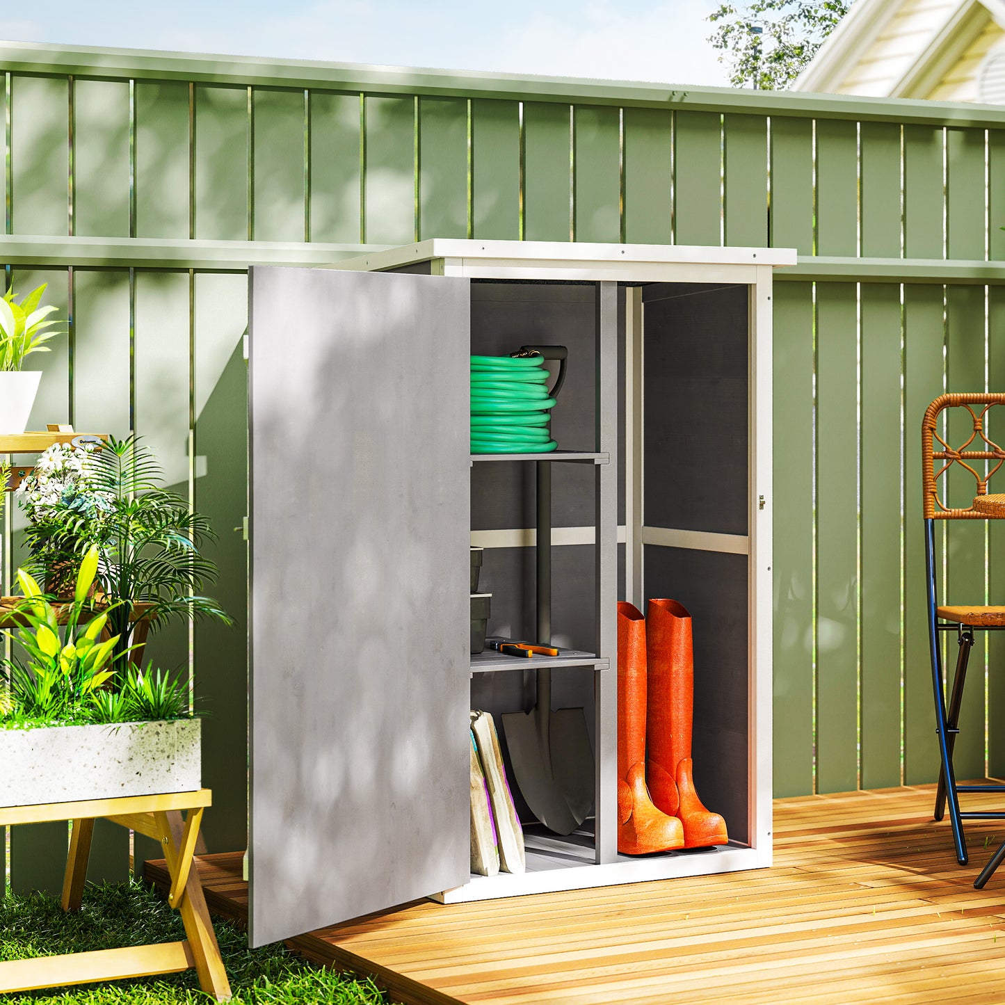 Outsunny Wooden Small Shed, 75L x 56W x115H cm Garden Storage Shed with Shelves and Bolt Latch, Grey
