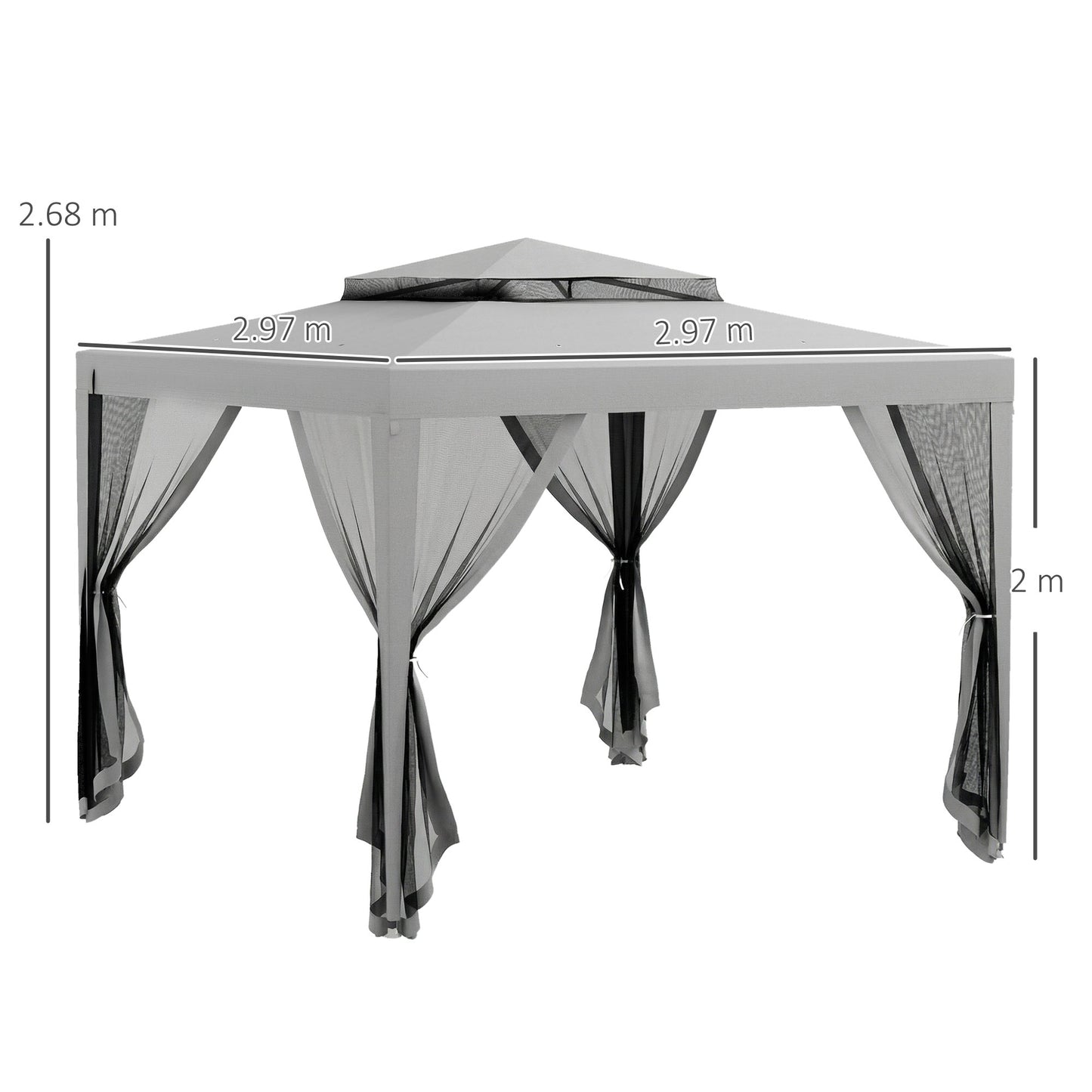Outsunny 3 x 3 m Gazebo, Netting Party Tent, Patio Canopy Outdoor Event Shelter with Double Tier Roof, Light Grey