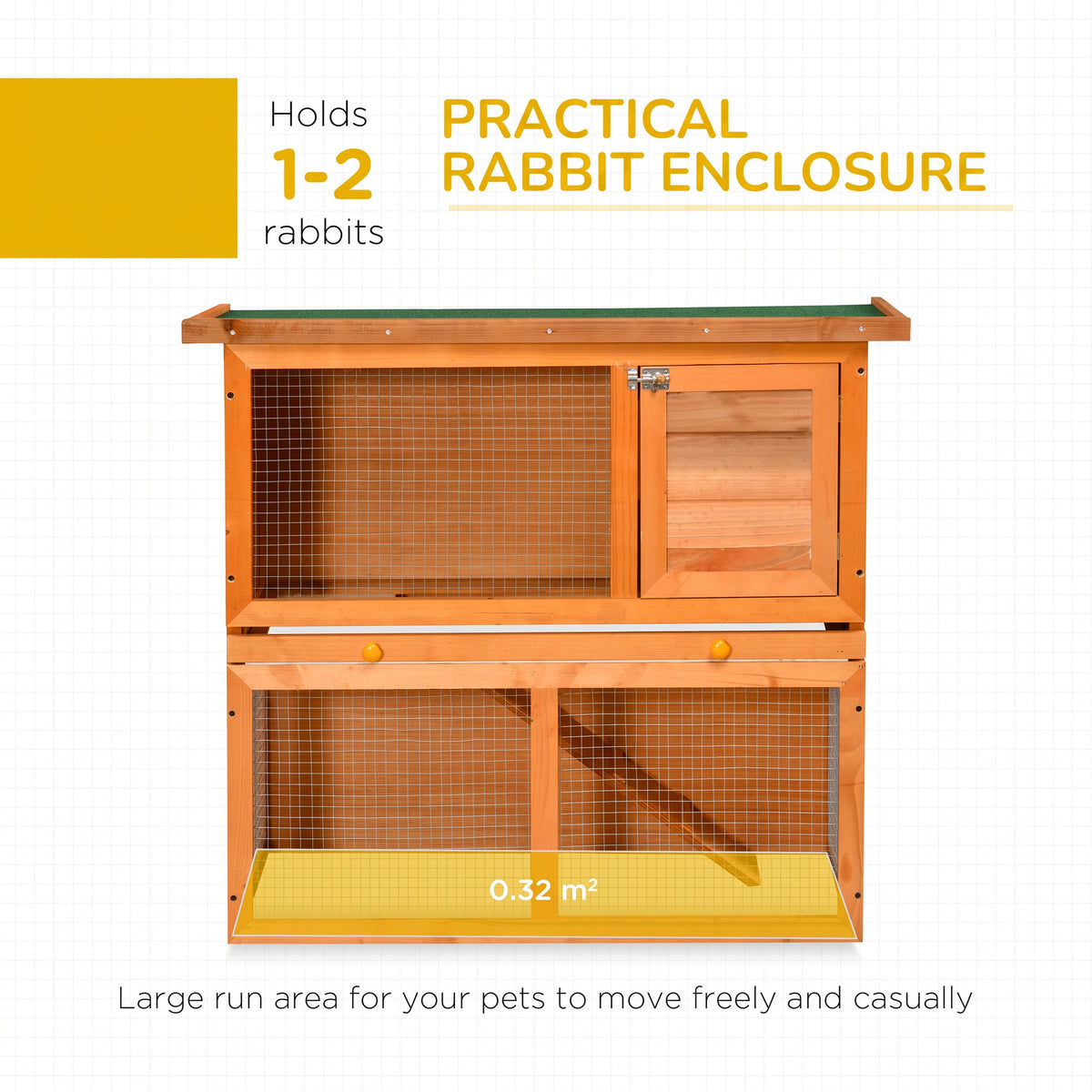 PawHut two-tier wooden rabbit hutch with wire mesh doors and enclosed upper compartment