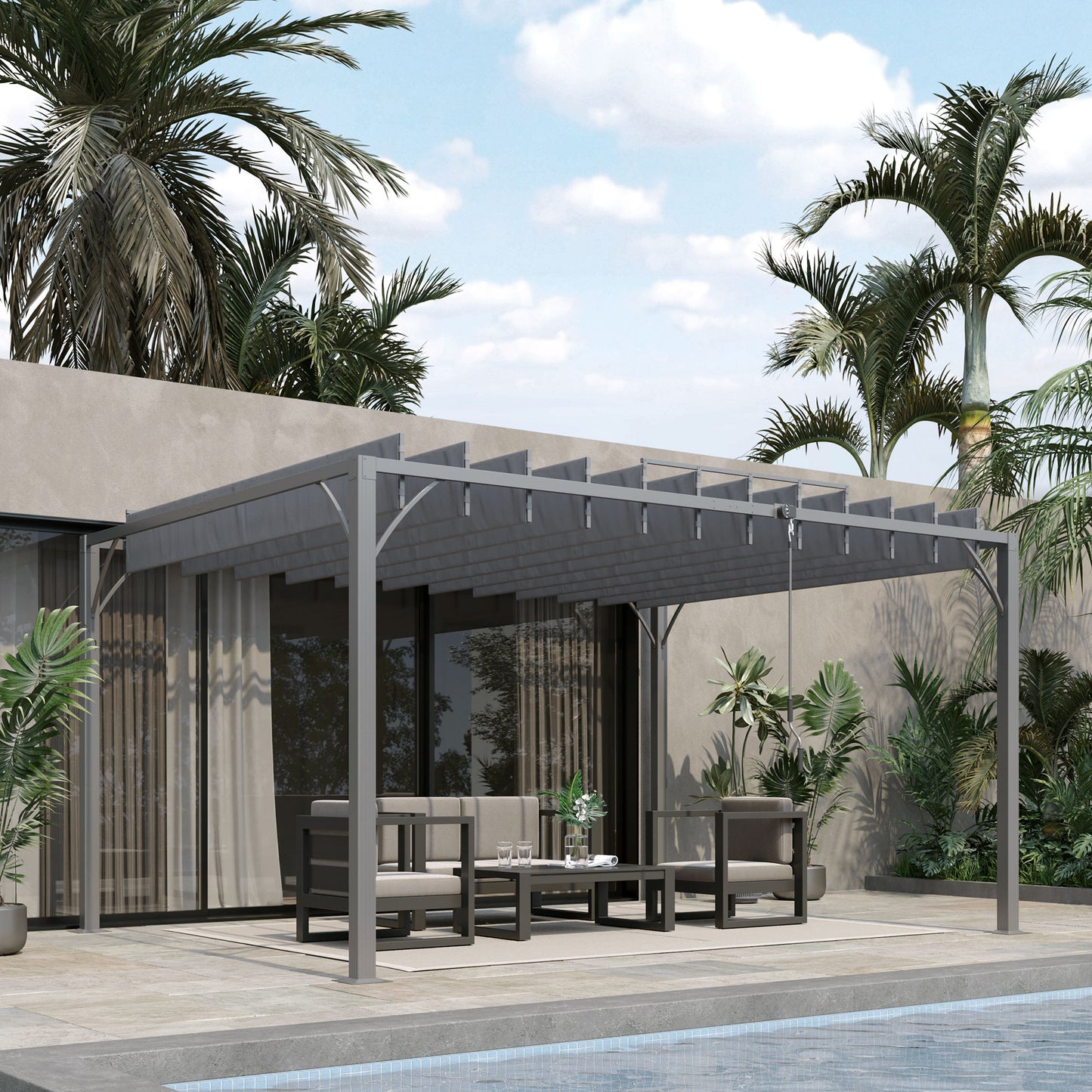 Outsunny 4 x 3(m) Outdoor Pergola with Retractable Roof, Aluminium Louvered Patio Gazebo Canopy for Garden, Patio, Grey