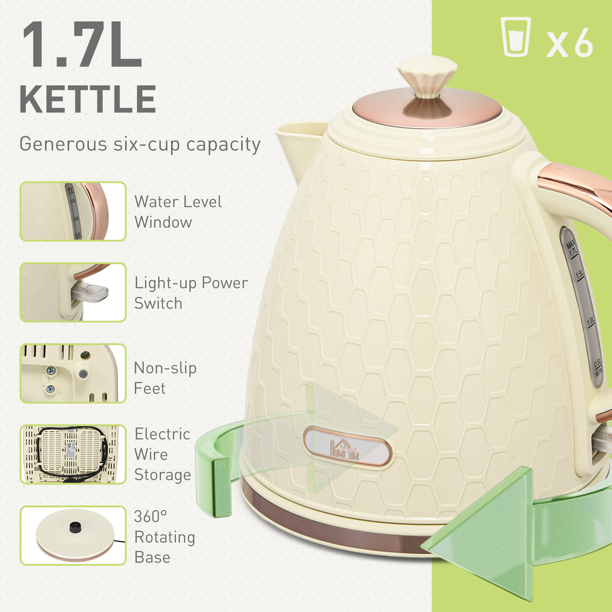 HOMCOM Kettle and Toaster Set, 1.7L 3000W Fast Boil Jug Kettle, 4 Slice Toaster with 7 Level Browning Controls, Beige