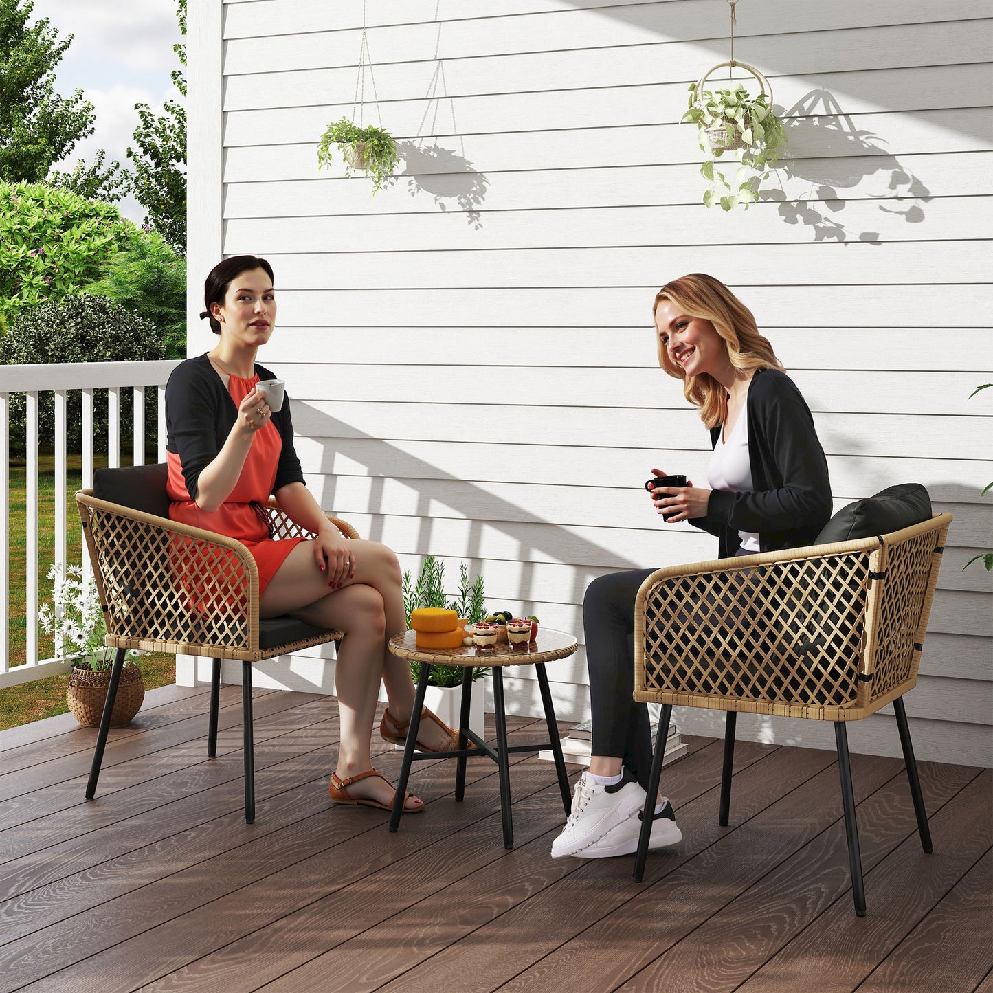 Outsunny Three-Piece Cut-Out Rattan Chair and Table Set - Brown/Black