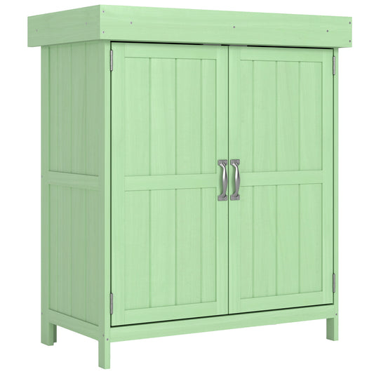 Photo of Outsunny Small Shed, Wooden Garden Shed with Openable Hinged Roof and Removable Shelf, 74 x 43 x 88 cm, Light Green in Green colour on a white background