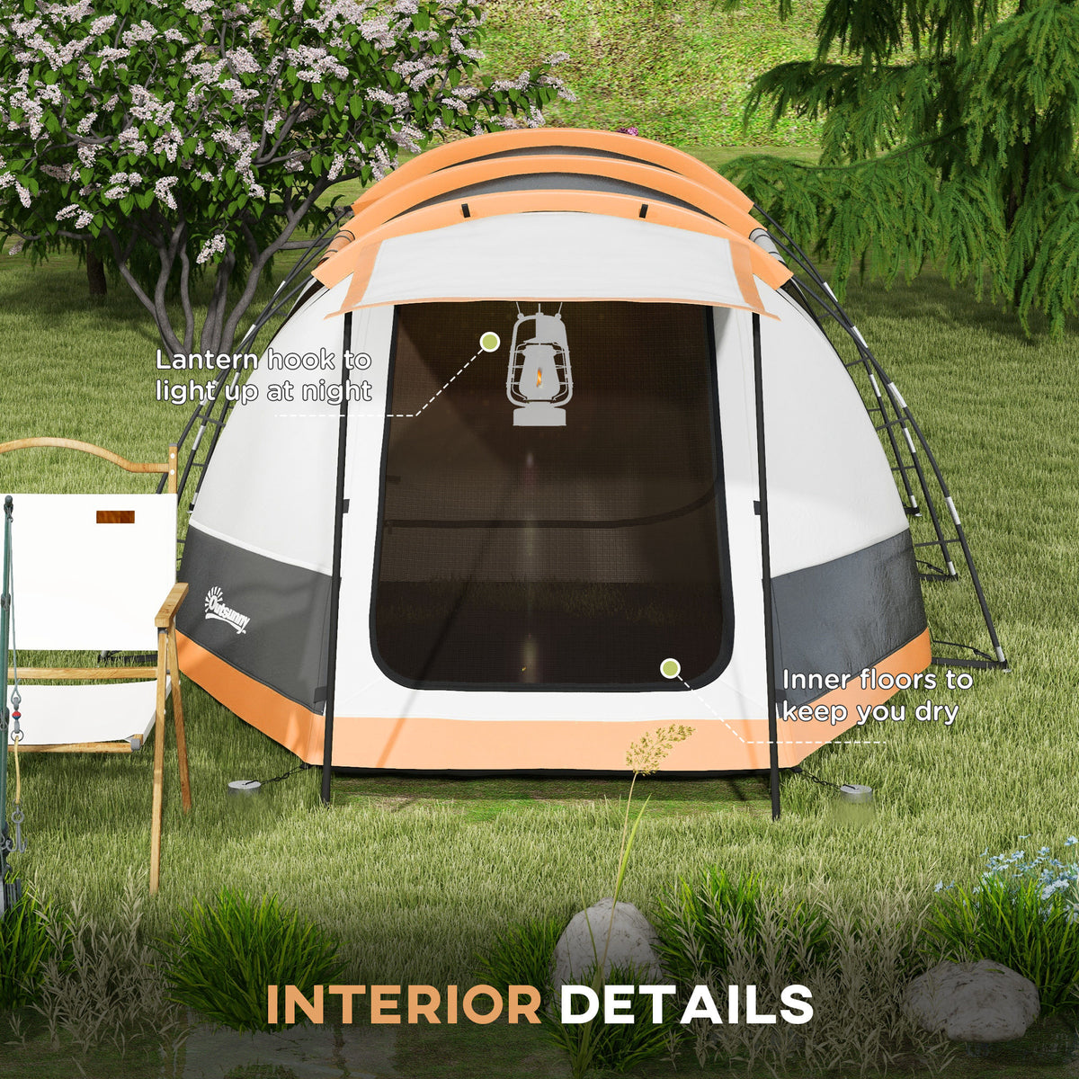 Outsunny 2 Man Camping Tent, with Two Rooms and Porch - Orange