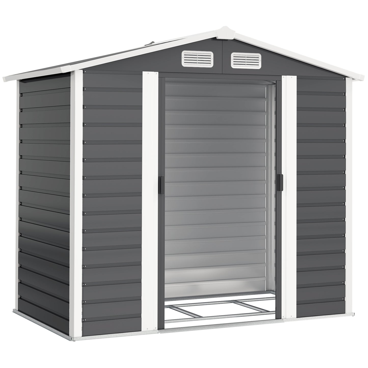 Photo of Outsunny 7 x 4ft Garden Shed, Easy to Assemble, Upgraded Galvanised Steel Frame with Foundation Kit, Double Doors with Lock, Outdoor Metal Shed with Vents and Gloves, Garden Storage Shed, Dark Grey in Grey colour on a white background