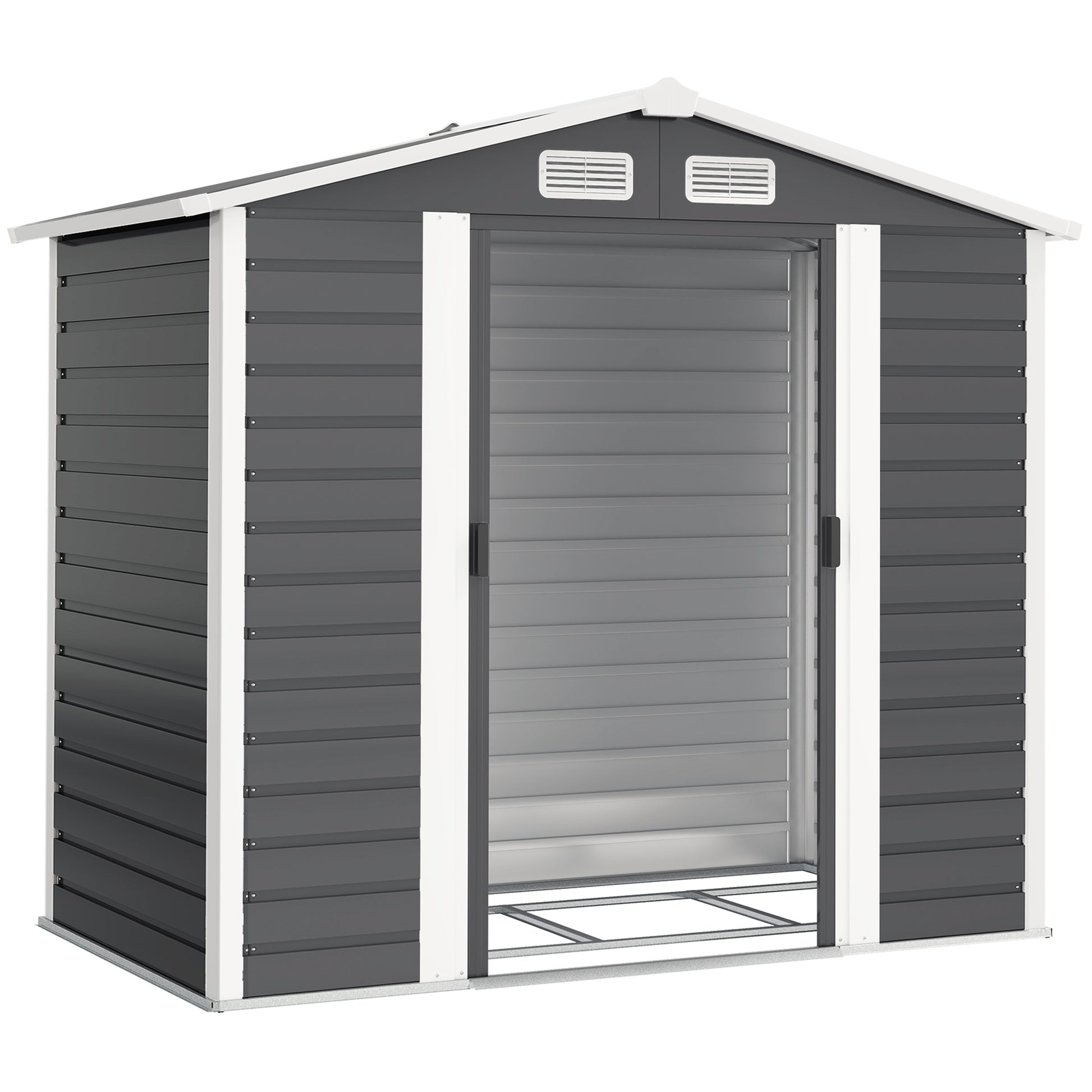 Photo of Outsunny 7 x 4ft Garden Shed, Easy to Assemble, Upgraded Galvanised Steel Frame with Foundation Kit, Double Doors with Lock, Outdoor Metal Shed with Vents and Gloves, Garden Storage Shed, Dark Grey in Grey colour on a white background
