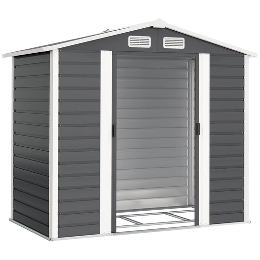 Photo of Outsunny 7 x 4ft Garden Shed, Easy to Assemble, Upgraded Galvanised Steel Frame with Foundation Kit, Double Doors with Lock, Outdoor Metal Shed with Vents and Gloves, Garden Storage Shed, Dark Grey in Grey colour on a white background