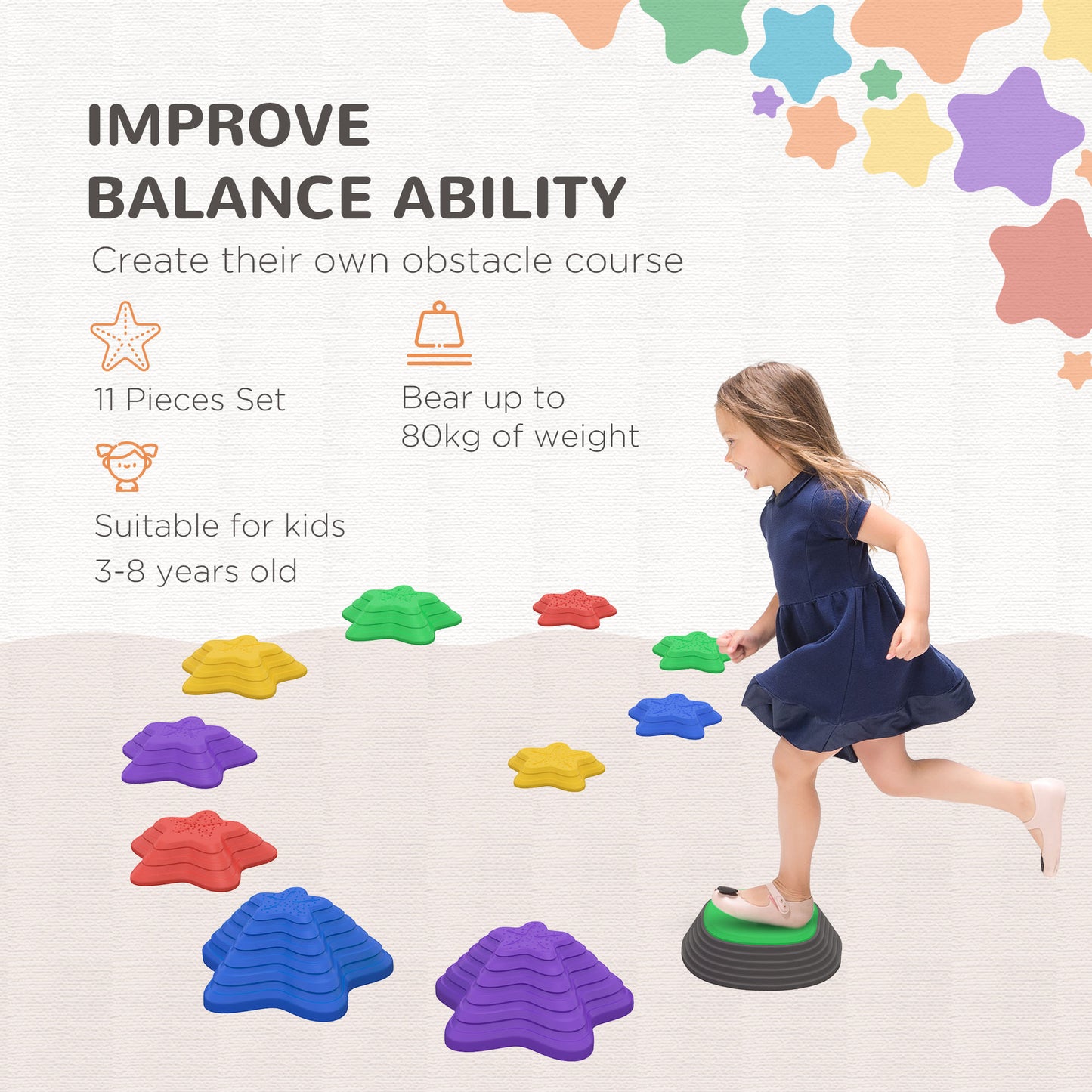 ZONEKIZ Stepping Stones Kids, 11 Pieces Balance Stones for Obstacle Course, Stackable Non-Slip Starfish Shape, Sensory Toys for Balance and Motor Skills Indoors, Outdoors
