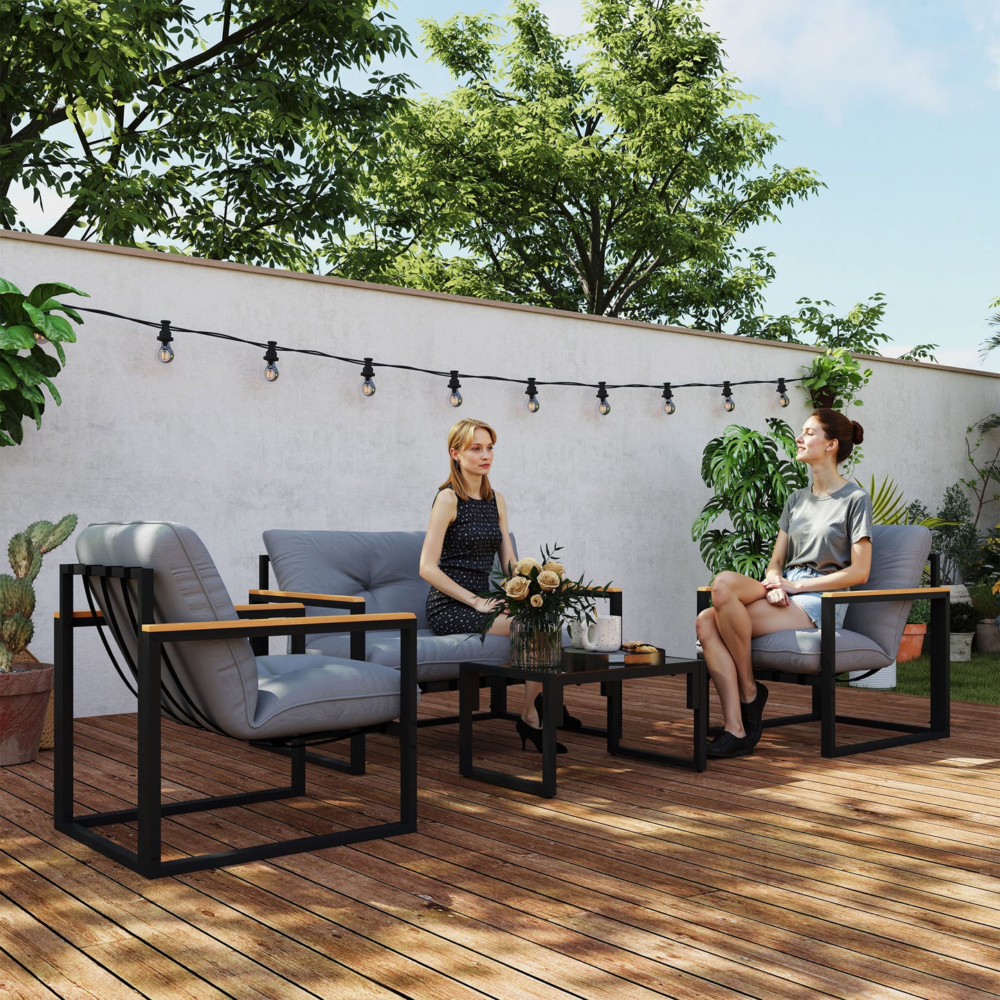 Outsunny Garden Furniture Set, 4 Piece Indoor Outdoor Conservatory with Loveseat Sofa, Armchairs, Glass Top Coffee Table, Cushions for Balcony, Poolside, Patio, Light Grey