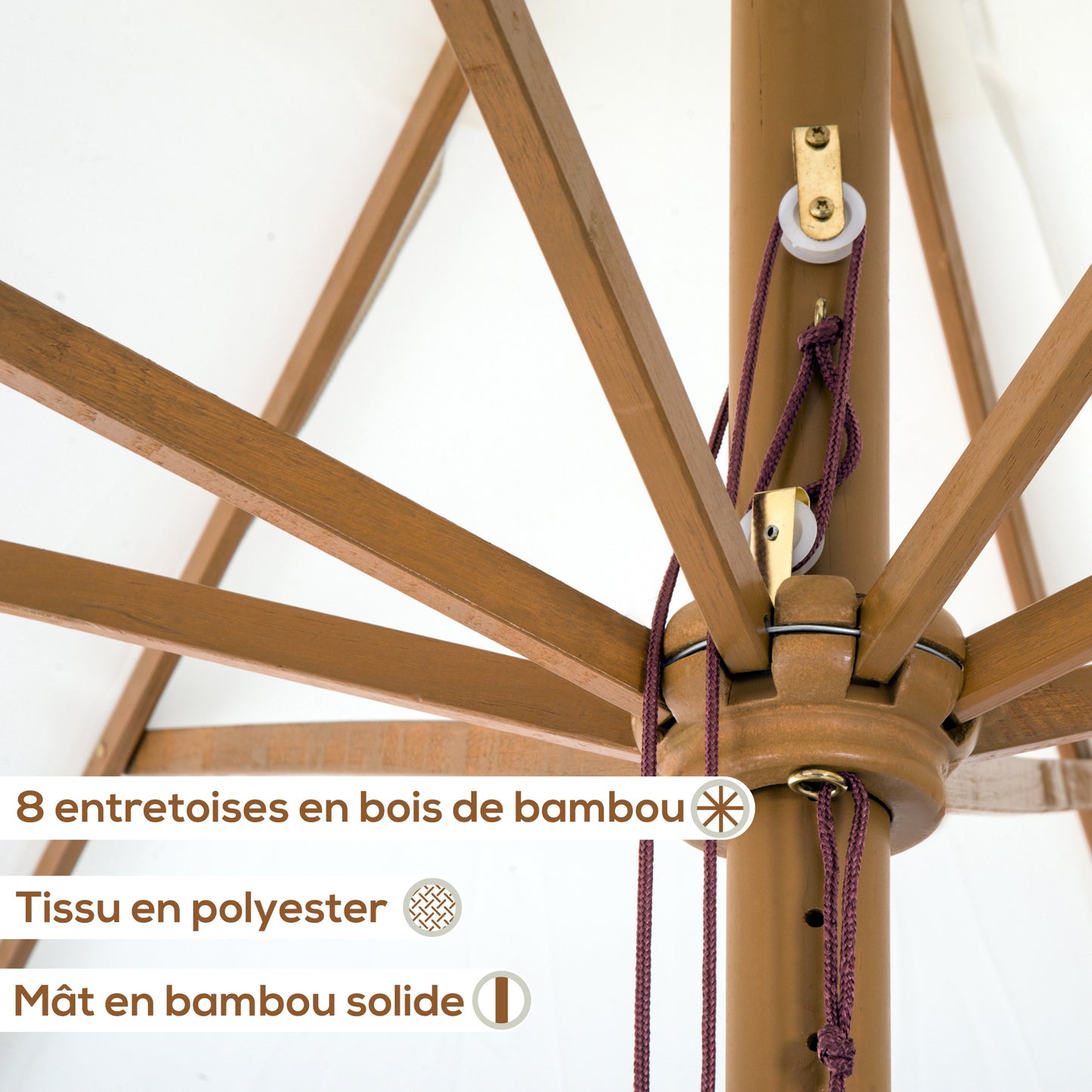 Outsunny 3.3m Elegant Wooden Parasol with Wooden Frame and Bamboo Ribs- Cream