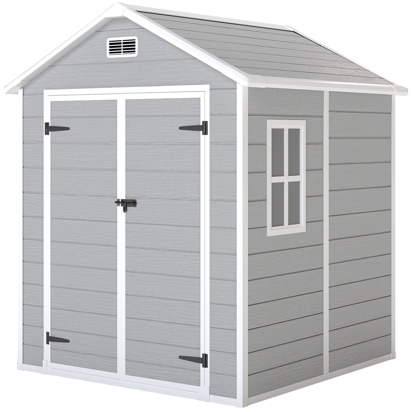 Photo of Outsunny 6 x 5ft Garden Shed, Plastic Shed with Floor, Window, Lockable Doors and Vents, Wood Effect Resin Tool Shed for Outdoor Patio, Light Grey in Grey colour on a white background