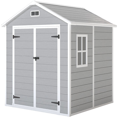 Light gray resin garden shed with wood-effect siding, pitched roof, window, vents and lockable double doors