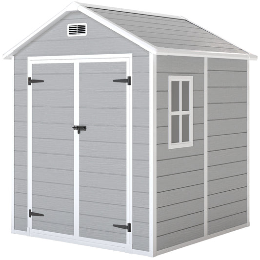 Photo of Outsunny 6 x 5ft Garden Shed, Plastic Shed with Floor, Window, Lockable Doors and Vents, Wood Effect Resin Tool Shed for Outdoor Patio, Light Grey in Grey colour on a white background