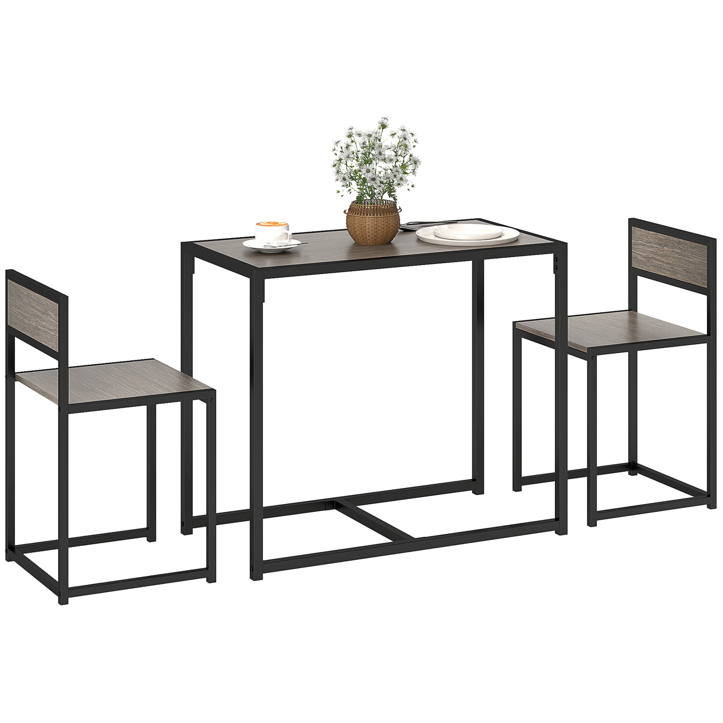 Photo of HOMCOM Dining Table and Chairs Set 2, Dining Room Sets, Rectangular Space Saving Table and 2 Chairs for Compact Kitchens, Steel Frame, Grey Wood-Effect in Wood-Effect colour on a white background