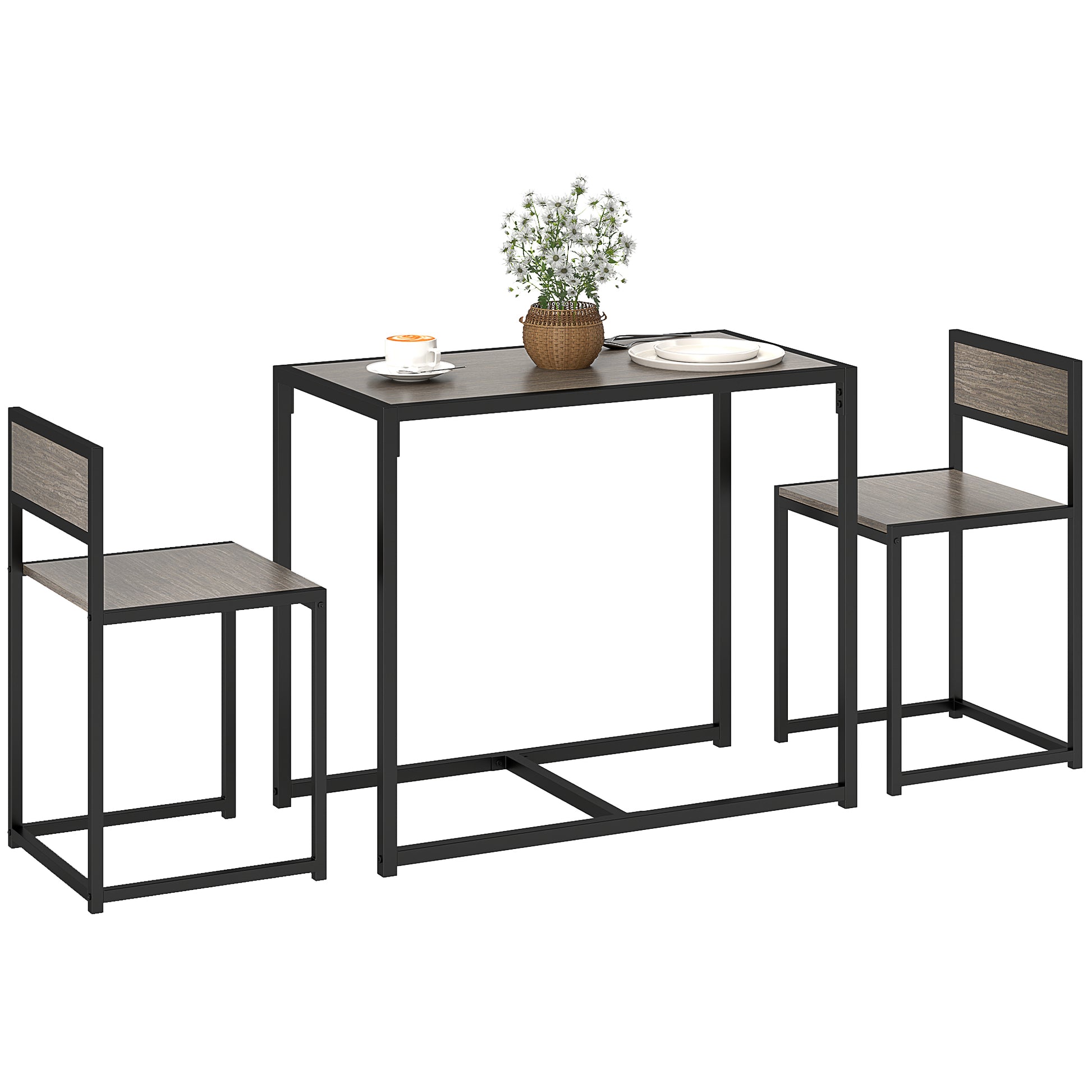 Photo of HOMCOM Dining Table and Chairs Set 2, Dining Room Sets, Rectangular Space Saving Table and 2 Chairs for Compact Kitchens, Steel Frame, Grey Wood-Effect in Wood-Effect colour on a white background