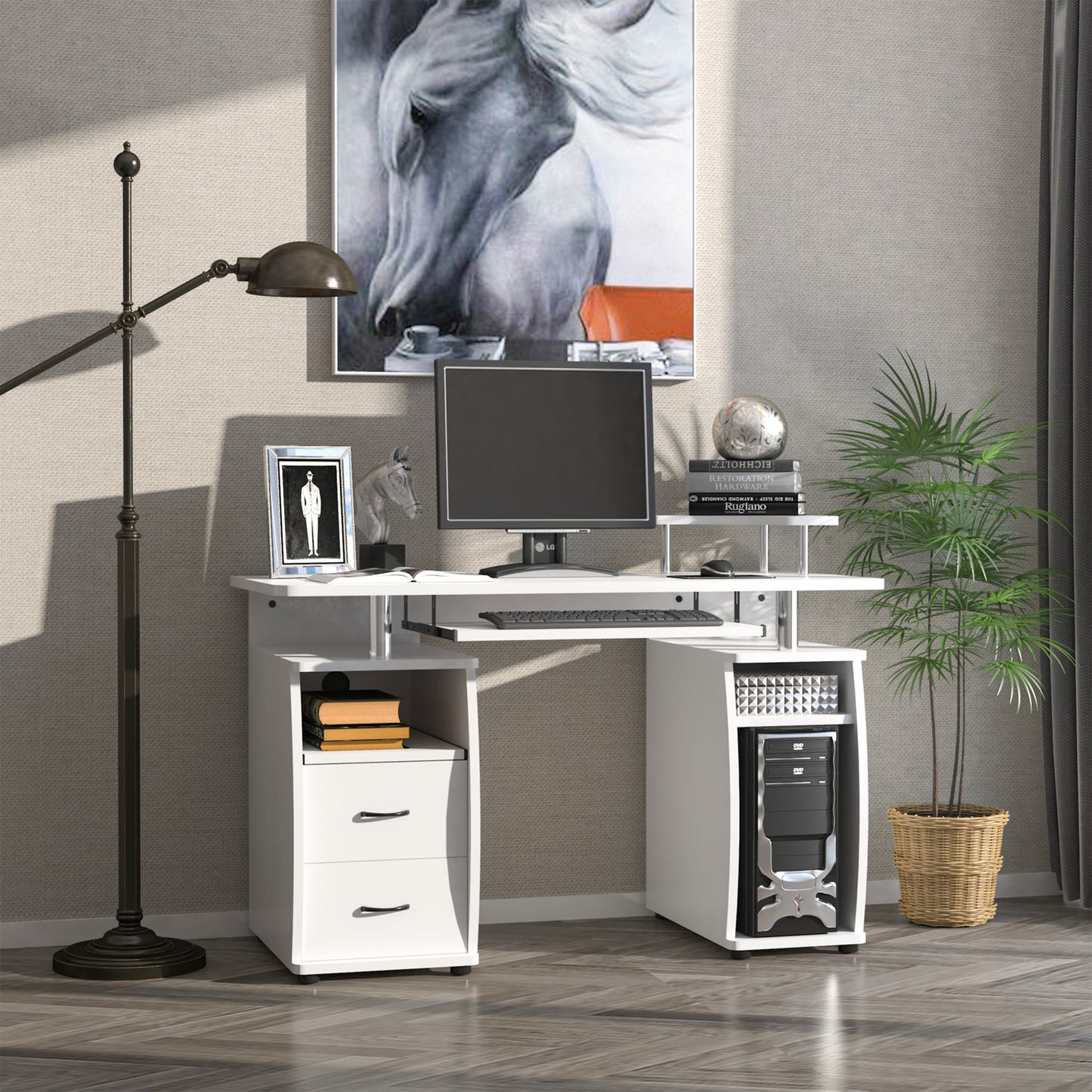 HOMCOM Home Study Desk Writing Table with Drawers, Writing Desk Study Table with Side Storage and Sliding Shelf, White