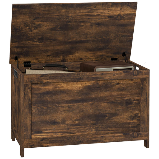 Photo of HOMCOM Storage Chest, Modern Storage Trunk with 2 Safety Hinges and Cut-out Handles, Wooden Toy Box for Living Room, Entryway, 76 x 40 x 48 cm, Rustic Brown in Brown colour on a white background