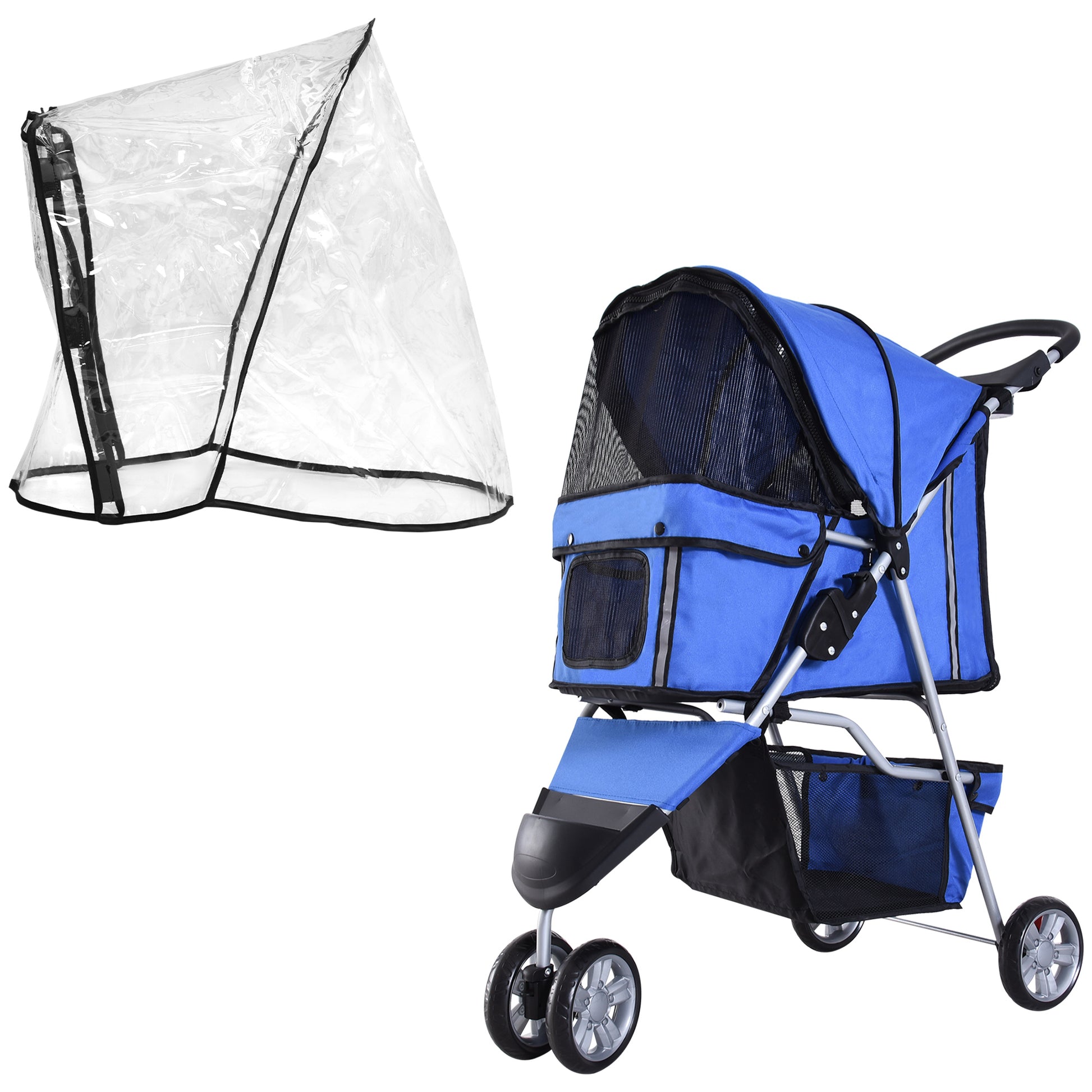 Photo of PawHut Dog Stroller with Cover for Small Miniature Dogs, Folding Cat Pram Dog Pushchair with Cup Holder, Storage Basket, Reflective Strips, Blue in Blue colour on a white background