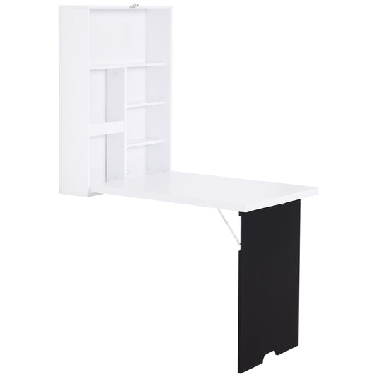 Photo of HOMCOM Folding Wall-Mounted Drop-Leaf Table, Convertible Wall Table With Chalkboard and Storage Shelf, Multifunctional Floating Desk for Home Office, White in White colour on a white background