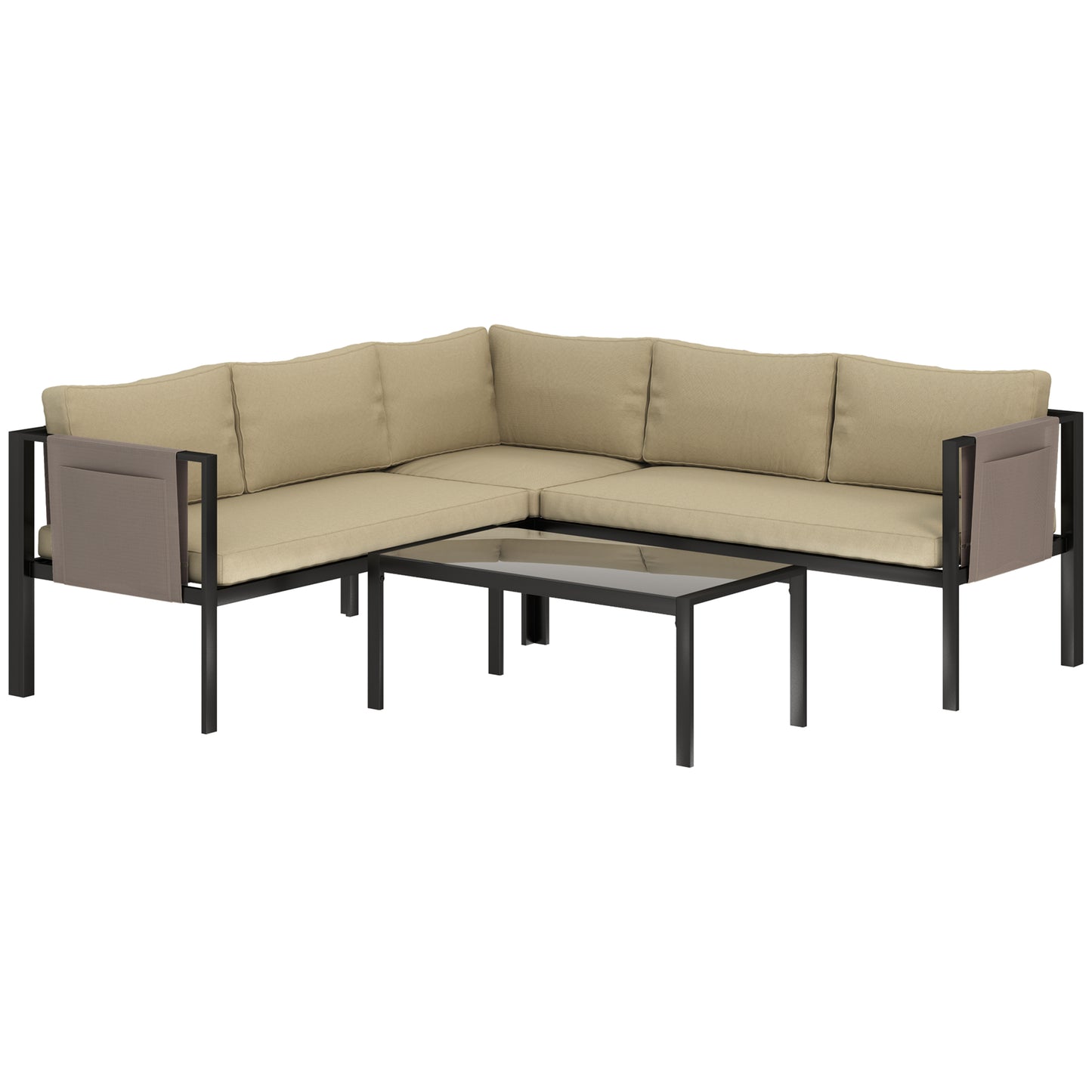 Photo of Outsunny 5 Seater Garden Corner Sofa Set, 4 Pieces Metal Garden Furniture Set with Loveseats, Glass Top Coffee Table, Breathable Mesh Pocket, Outdoor Conversation Furniture with Cushions, Khaki in Khaki colour on a white background