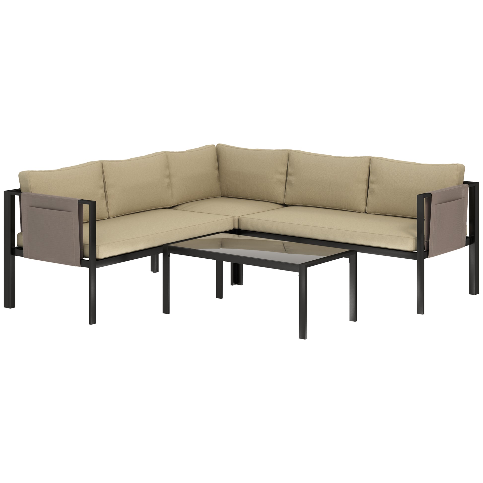Photo of Outsunny 5 Seater Garden Corner Sofa Set, 4 Pieces Metal Garden Furniture Set with Loveseats, Glass Top Coffee Table, Breathable Mesh Pocket, Outdoor Conversation Furniture with Cushions, Khaki in Khaki colour on a white background