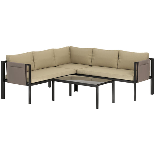 Photo of Outsunny 5 Seater Garden Corner Sofa Set, 4 Pieces Metal Garden Furniture Set with Loveseats, Glass Top Coffee Table, Breathable Mesh Pocket, Outdoor Conversation Furniture with Cushions, Khaki in Khaki colour on a white background