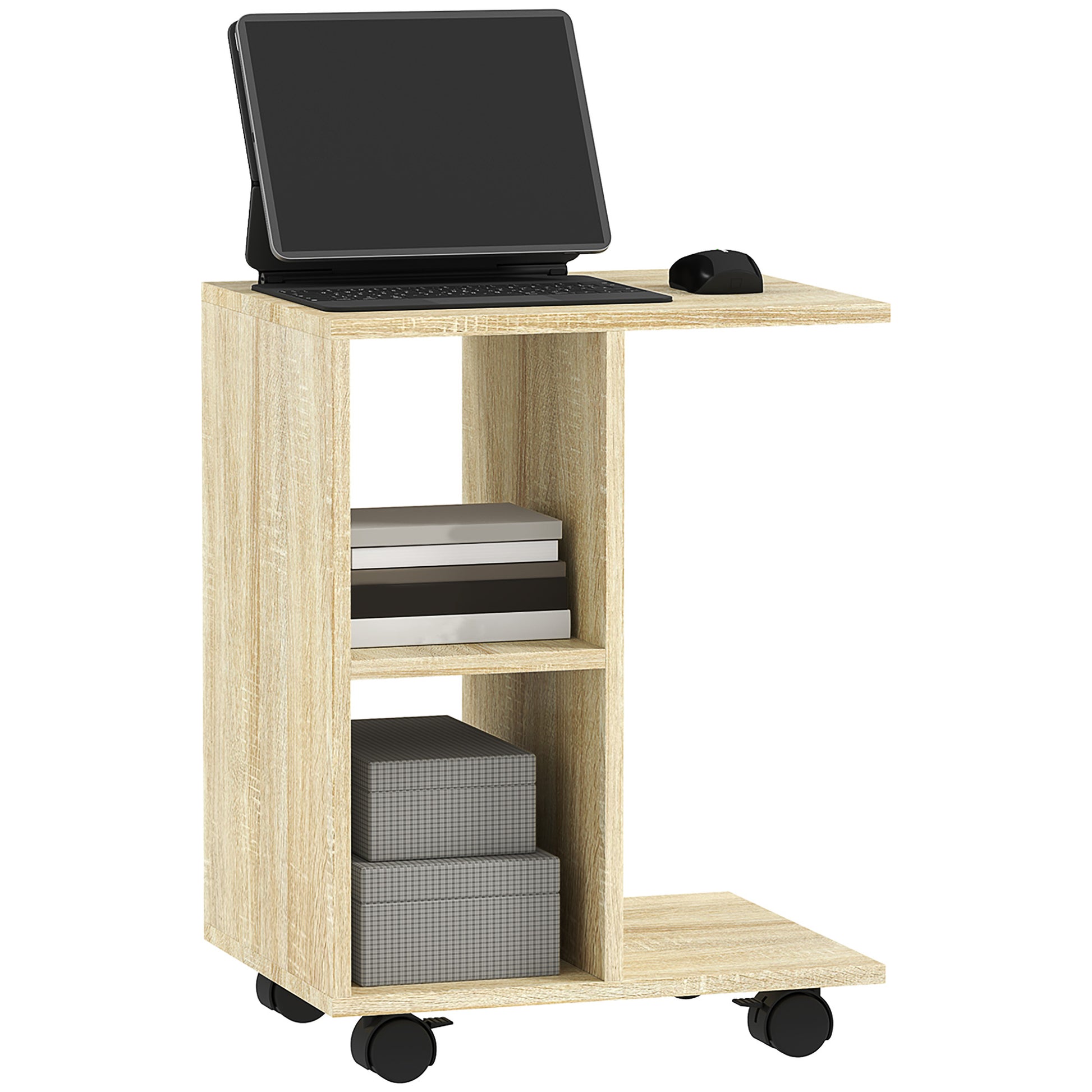 Photo of HOMCOM C-Shape End Table Unique Storage Unit w/ 2 Shelves 4 Wheels Freestanding Home Office Furniture Cabinet Square Studio Natural in Natural colour on a white background