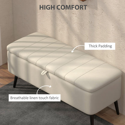 Cream white storage ottoman with padded linen-look upholstery and stitched lid