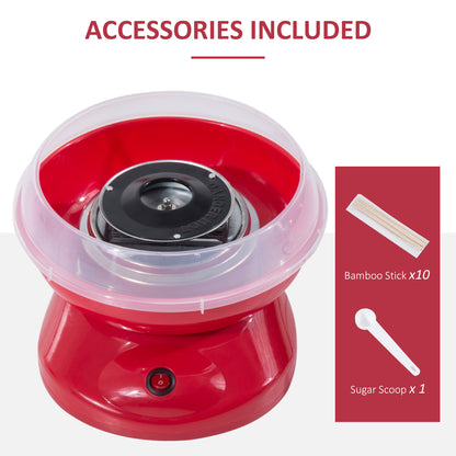Red cotton candy maker with clear bowl, ten bamboo sticks, and a sugar scoop.