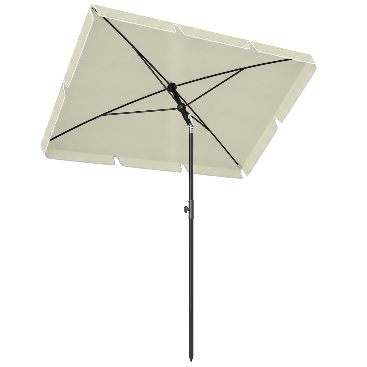 Cream rectangular parasol with ruffled edges, black support ribs and pole