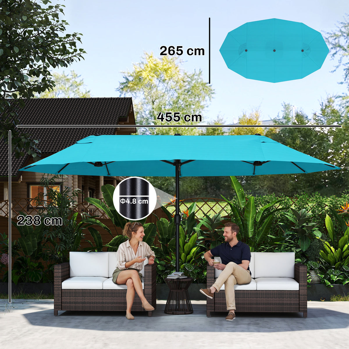 Outsunny sky blue double garden parasol with dimensions shown, shading a patio seating area
