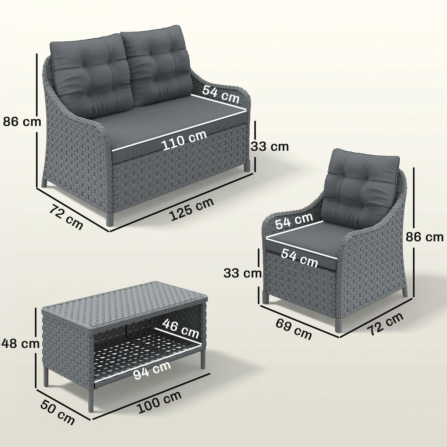 Outsunny 4-Piece Wicker Patio Furniture Set with 2 Armchairs, Loveseat, Glass Coffee Table, Conversation Sofa Set, Dark Grey